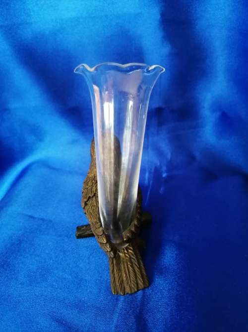 ON304  Vintage Bronze Look Bird with Glass Posy Spill Vase