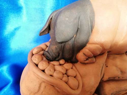 Vintage Large Pottery Pig eating a bag of apples