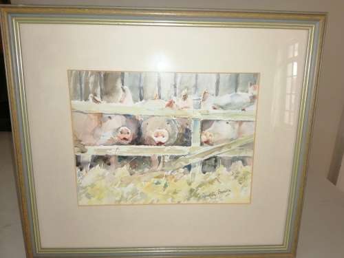 Stunning watercolor Pig Family behind the fence Dorothy Burke #