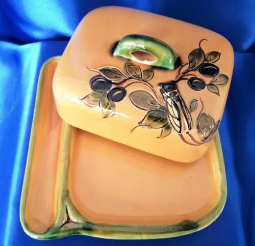 Glazed Pottery Beautiful Butterdish with bug #