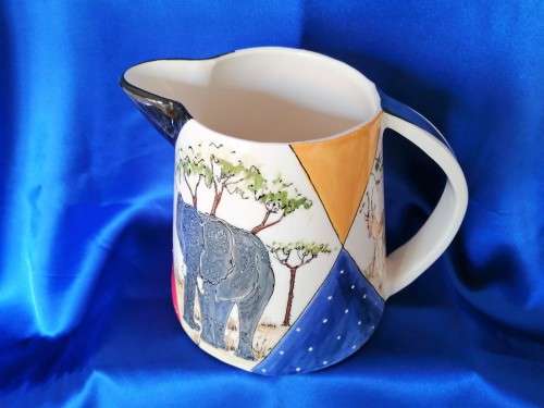 Hand painted Large pottery Jug From Clay Africa Namibia, Elephant Giraffe and Buck