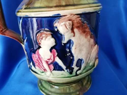 An antique English pottery wonderful Majolica boy and dog Jug Pitcher C.1870