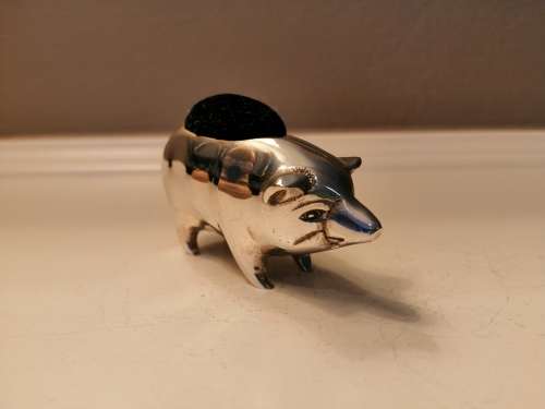 Vintage c1940 ,solid silver Birmingham pig pin cushion , pincushion #