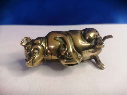 Antique Brass Figural Vesta Case - chatelaine Match Safe Pig Holding Bag of Money Go to Bed  #
