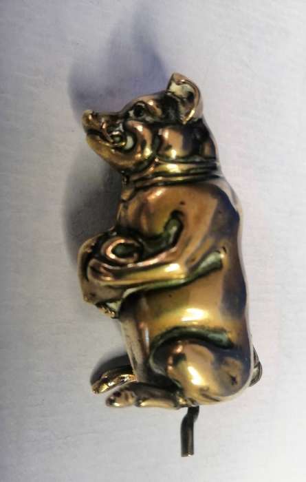 Antique Brass Figural Vesta Case - chatelaine Match Safe Pig Holding Bag of Money Go to Bed  #
