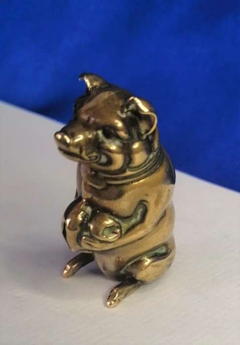 Antique Brass Figural Vesta Case - chatelaine Match Safe Pig Holding Bag of Money Go to Bed  #
