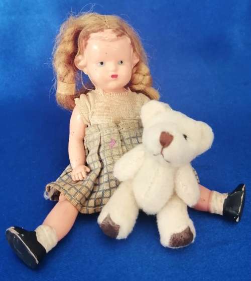 Vintage Dollhouse Miniature Doll and Teddy Bear