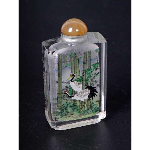 Chinese inside painted glass snuff bottle depicting storks
