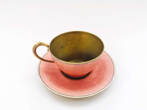 Germany Guilloche Pink Enamel Copper Tea Cup and Saucer