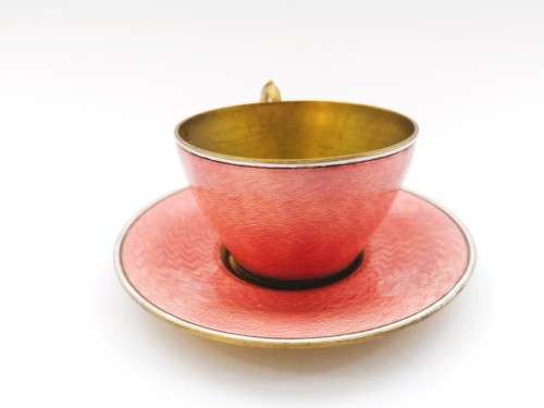 Germany Guilloche Pink Enamel Copper Tea Cup and Saucer