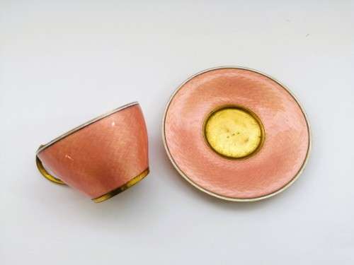 Germany Guilloche Pink Enamel Copper Tea Cup and Saucer