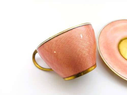 Germany Guilloche Pink Enamel Copper Tea Cup and Saucer