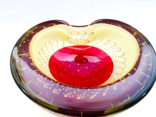 Murano Bullicante Sommerso Glass Bowl Red and Yellow