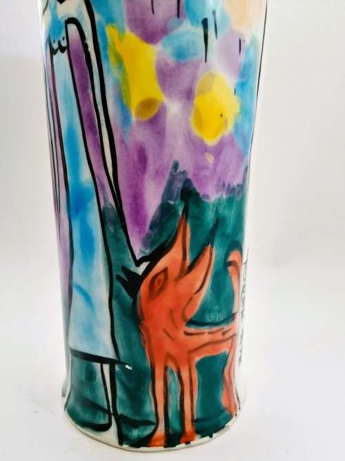 Japanese vibrant hexagonal tall vase decorated with figures