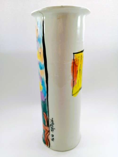 Japanese vibrant hexagonal tall vase decorated with figures