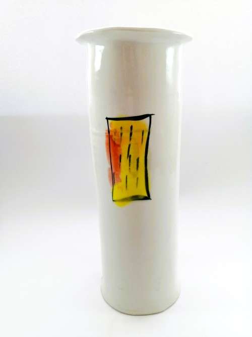 Japanese vibrant hexagonal tall vase decorated with figures