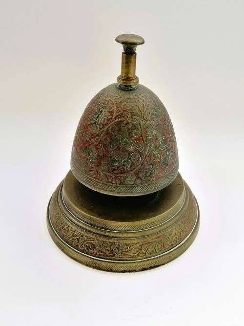 Large Vintage Detailed Oriental Enameled Brass Bell