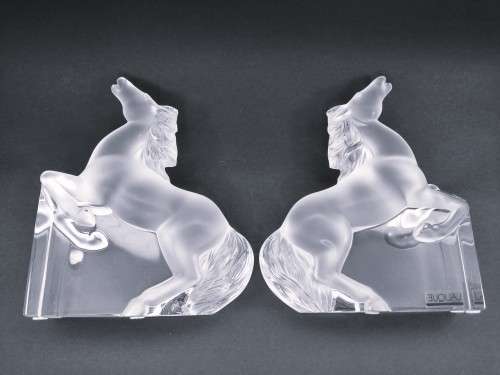 Pair of Lalique clear and frosted crystal Kazak rearing horse bookends designed by Marie-Claude