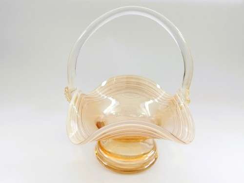 STRETCHED AMBER GLASS BASKET WITH LATTIMO GLASS FILIGRANA SWIRLS AND APPLIED HANDLE