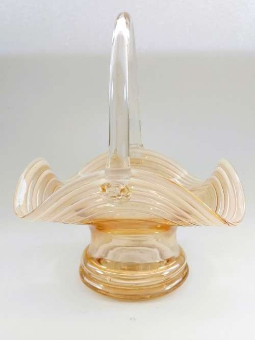 STRETCHED AMBER GLASS BASKET WITH LATTIMO GLASS FILIGRANA SWIRLS AND APPLIED HANDLE