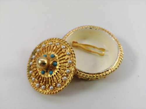 Gold plated trinket pill box by Mirella, faux pearls turquoise 1950s