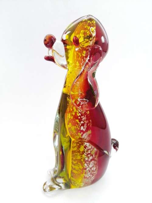 Vintage Murano Sommerso Hand Blown Large Art Glass Dog- Yellow, Red and Gold Flecks