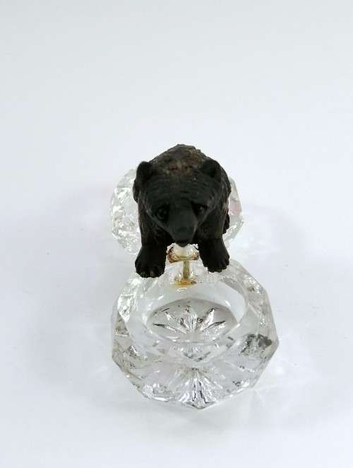 Antique German Black Forest Carved Wood Bear Sitting On Crystal Salt or Spice Cellar