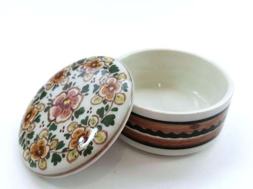 Delft Holland Poly Floral Round Covered Trinket or Candy Box Hand Painted