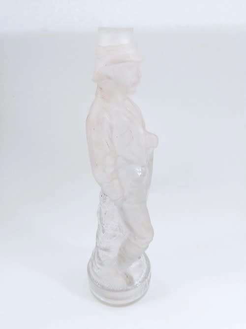French clear and frosted glass military figurine bottle inscribed STANLEY, circa 1900