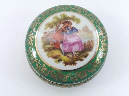 Limoges Meissner Fragonard Green and Gold Trinket Box
