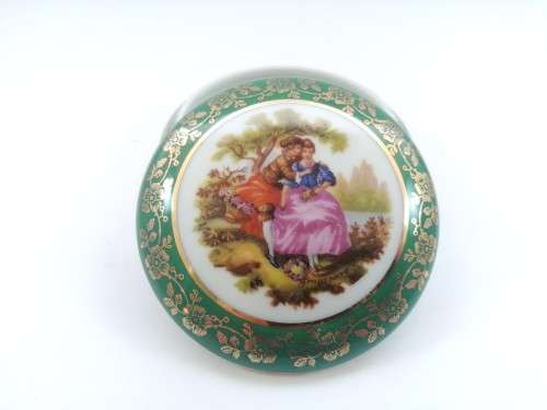 Limoges Meissner Fragonard Green and Gold Trinket Box