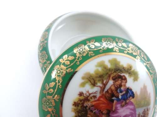 Limoges Meissner Fragonard Green and Gold Trinket Box