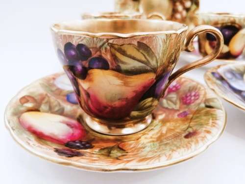 Vintage Aynsley Orchard Gold Fruits Demitasse four Cups & five Saucers Signed N. Brunt