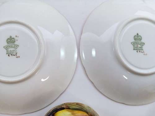 Vintage Aynsley Orchard Gold Fruits Demitasse four Cups & five Saucers Signed N. Brunt
