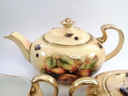 Aynsley Orchard Gold Teapot, Sugar Bowl, Milk Jug Set plus pot