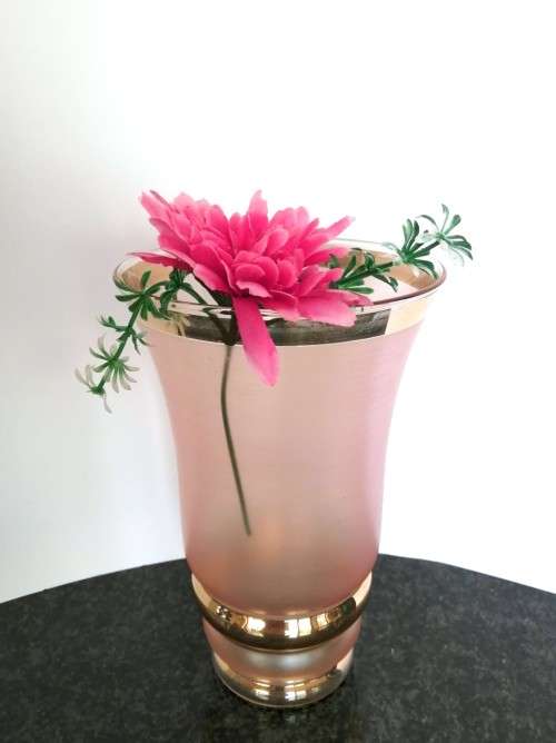 Large vintage pink glass vase gold trim