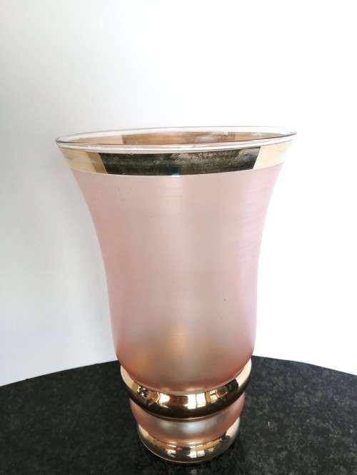Large vintage pink glass vase gold trim