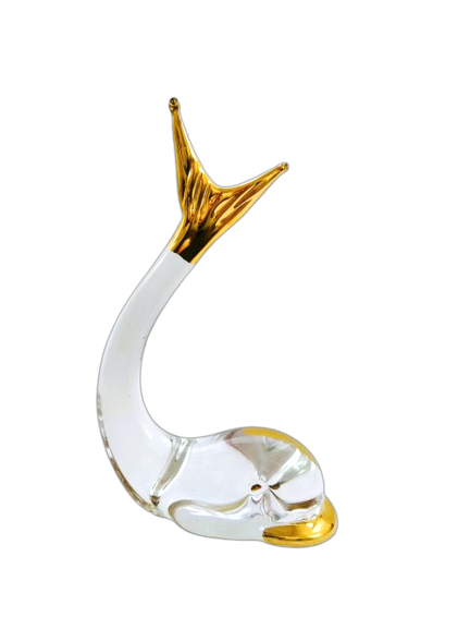 STUNNING VINTAGE MURANO ART GLASS WHALE FIGURINE WITH GOLD TRIM OVERLAYS