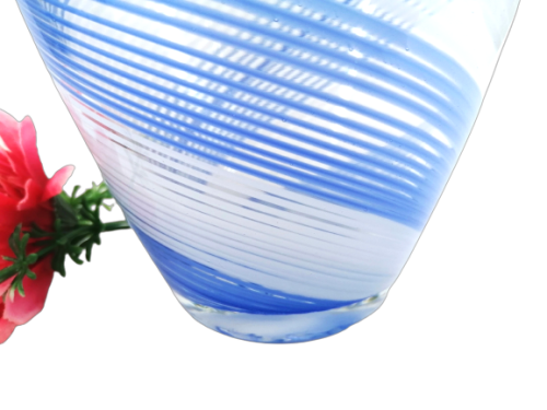 Striking large tall blown glass vase with delicate blue and white stripes