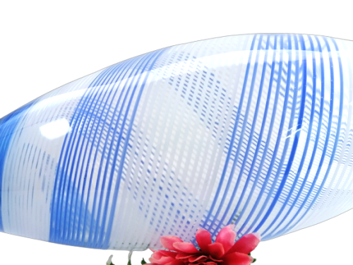 Striking large tall blown glass vase with delicate blue and white stripes
