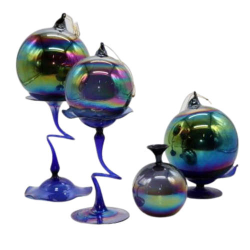 Seven Extremely Delicate Blue Iridescent Glass Wares, Including: Candle Holders, Vase, Bowl And Orbs
