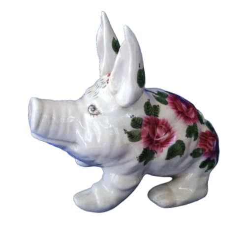 Wemyss Style Large Fat Sitting Pig Rose Design