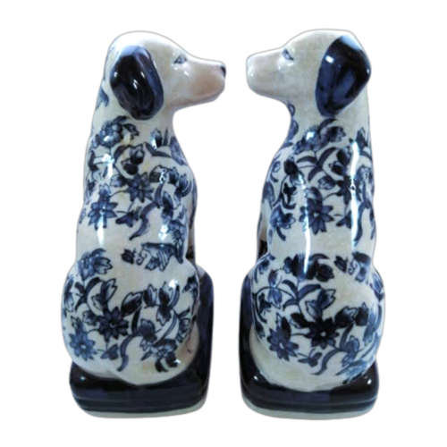 Pair Of Blue And White Porcelain Dog Craquelure Wares Mantle Bookends