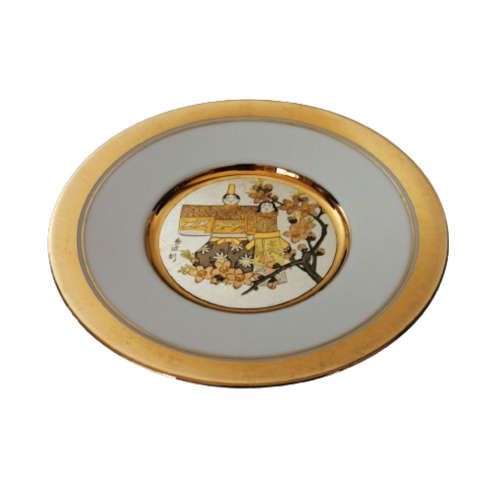 Hamilton Collection Japanese floral calendar Girl`s Doll Day Festival Chokin plate 23K gold trim