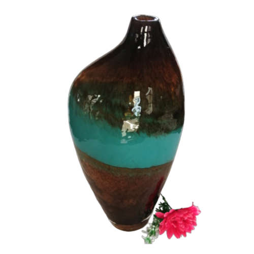 Handblown Large Turquoise and Brown Glass Vase