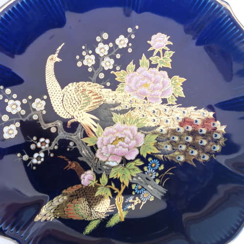 Kutani Cobalt Blue Plate Peacocks and Gold and Pink Lotus Flowers.