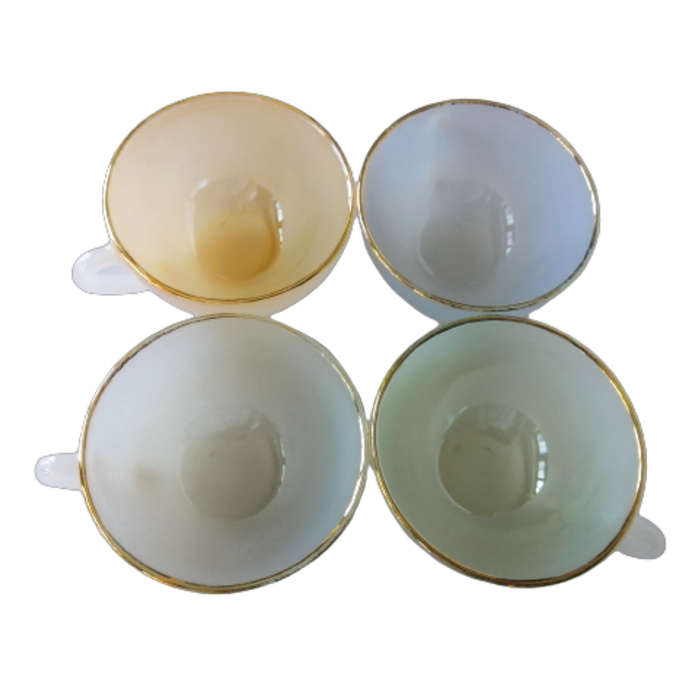 1950s Arcopal Opalescent Tea Cups & Saucers (set of 4) Harlequin, Pastel French, Gold Rim