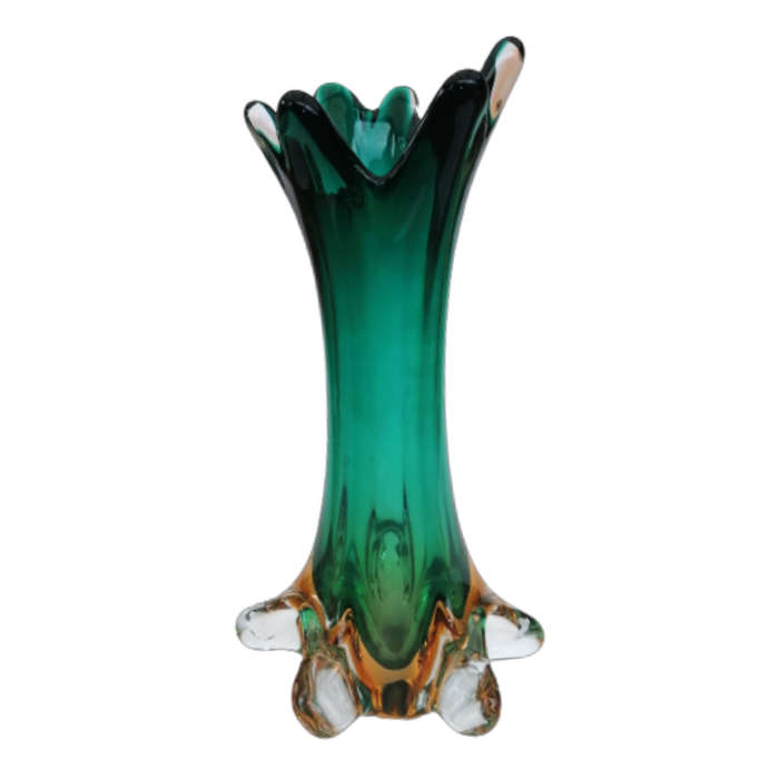 Murano Glass Bright Vibrant Green Amber and Yellow Tall Vase