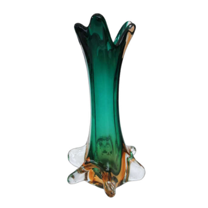 Murano Glass Bright Vibrant Green Amber and Yellow Tall Vase