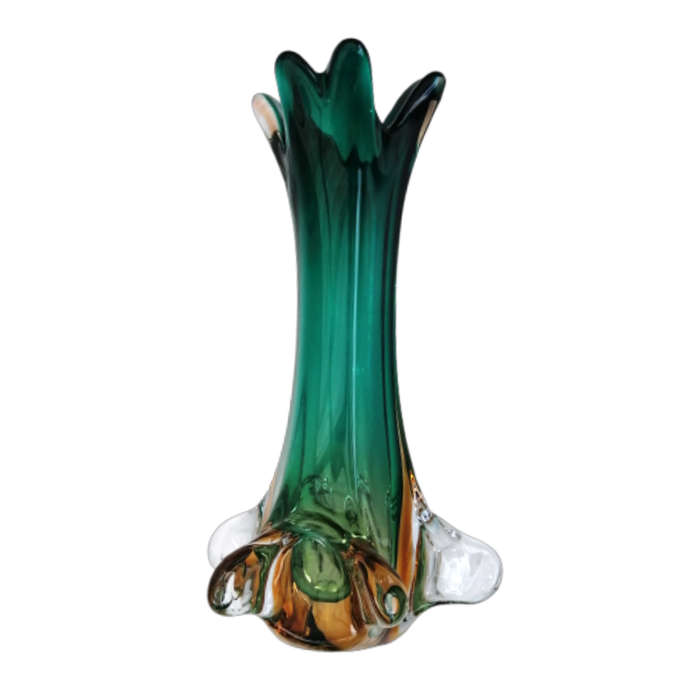 Murano Glass Bright Vibrant Green Amber and Yellow Tall Vase